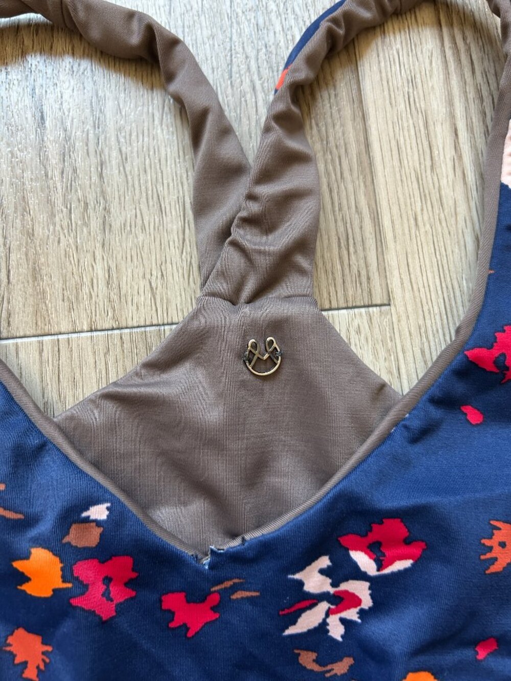Maaji Reversible Sports Bra Bikini Top Brown and Blue Florals Size L - Picture 2 of 8